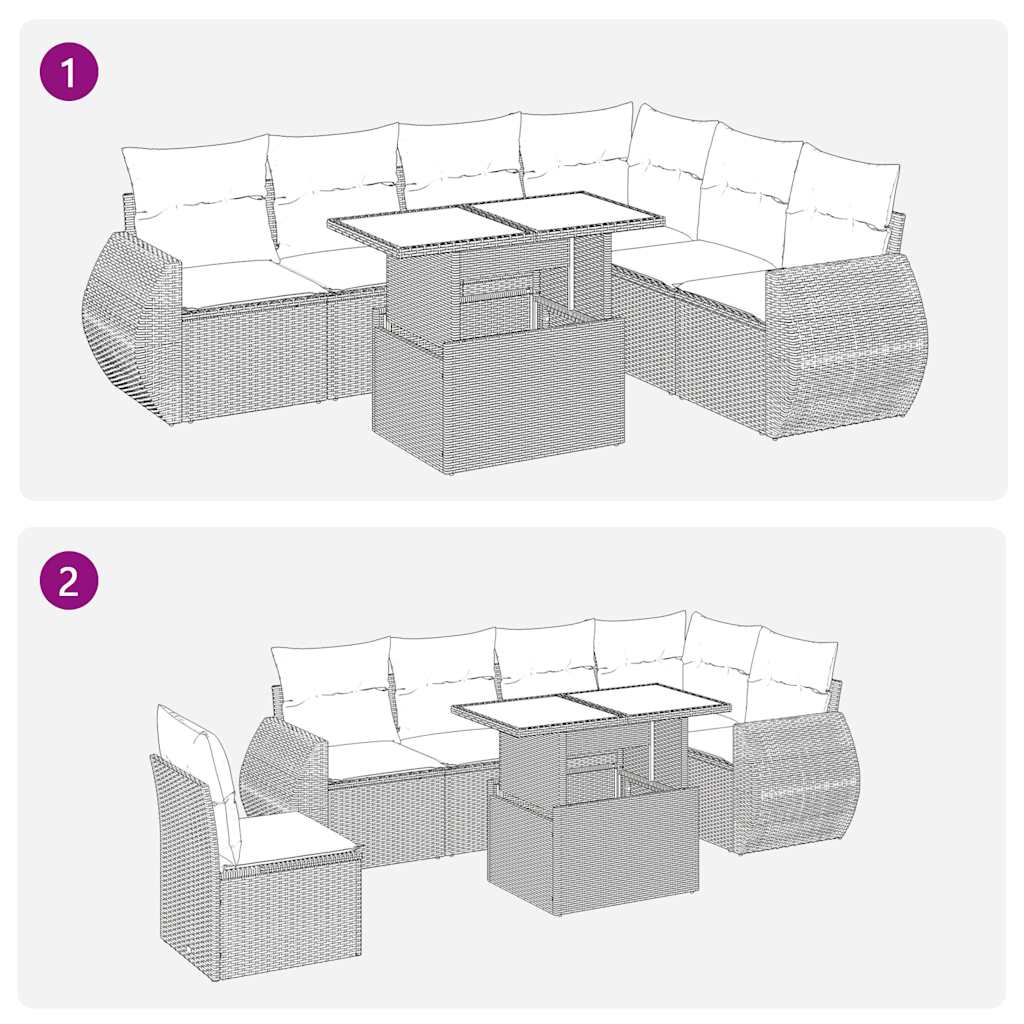 7 pcs conjunto sofás jardim almofadões vime PE/acácia cinzento
