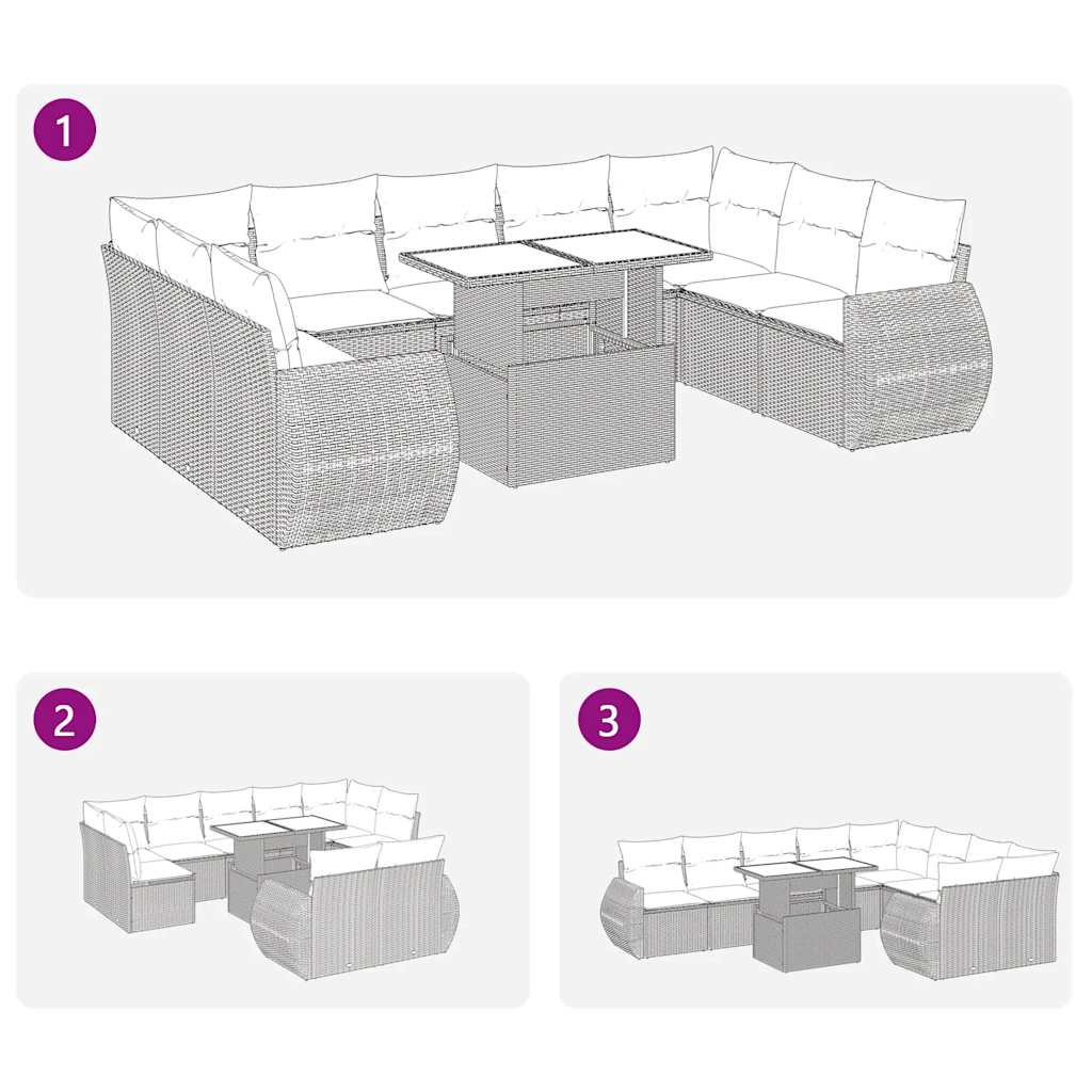 10 pcs garden sofa set with cushions poly rattan brown