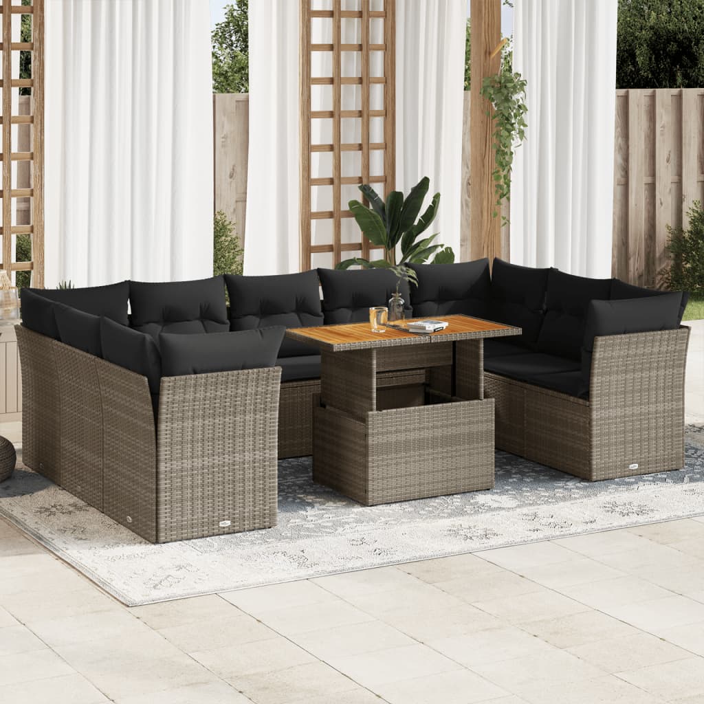 10 pcs garden sofa set with cushions poly rattan grey