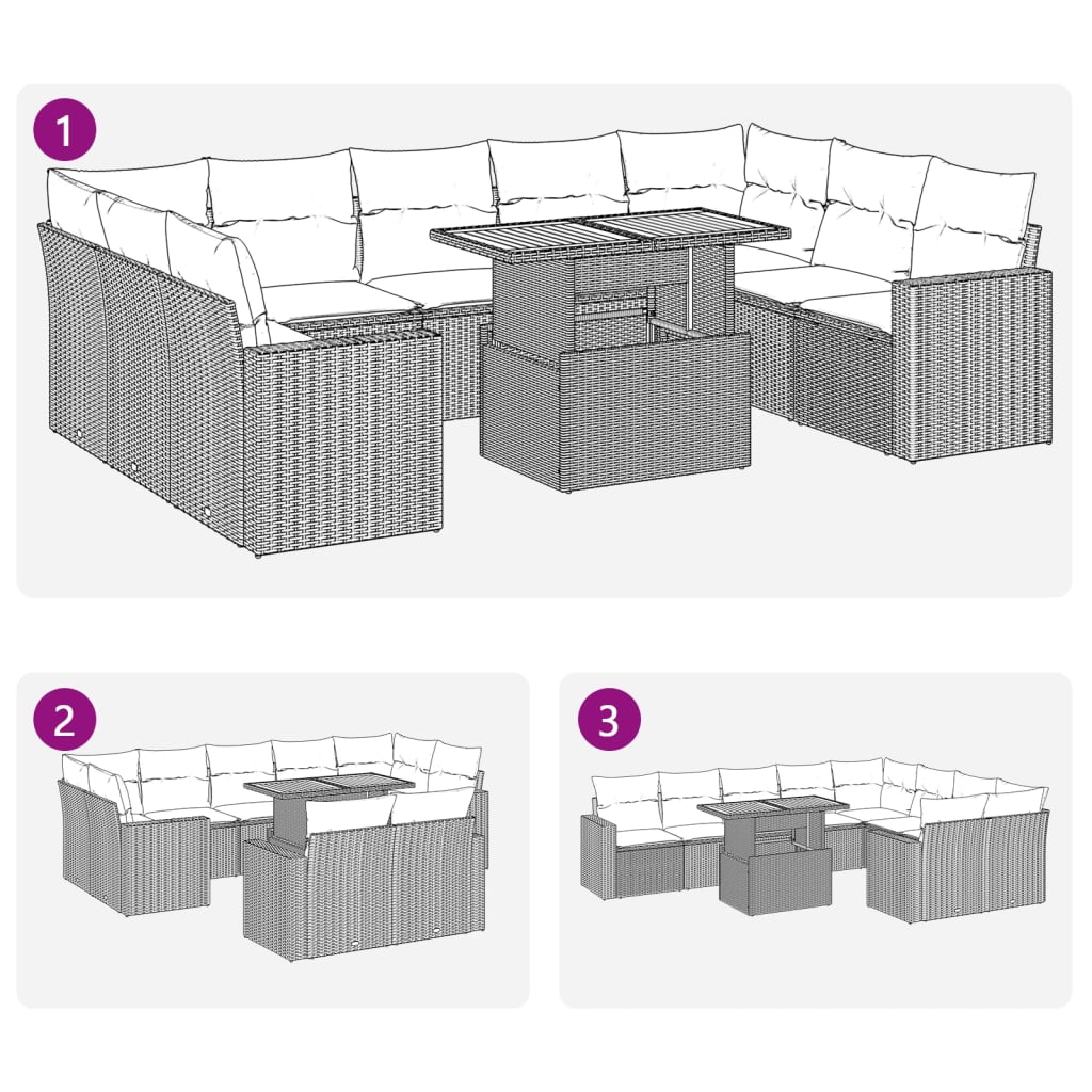 10 pcs garden sofa set with cushions poly rattan black