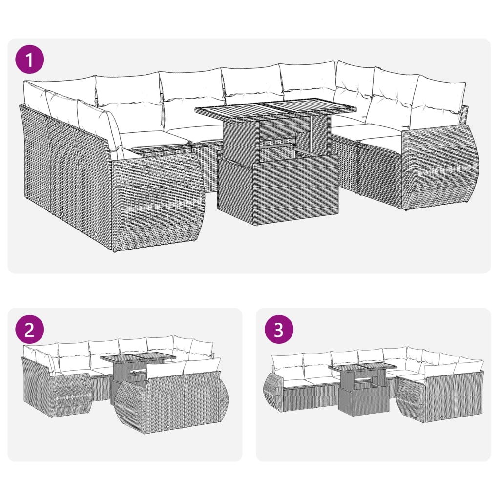 10 pcs garden sofa set with cushions poly rattan grey