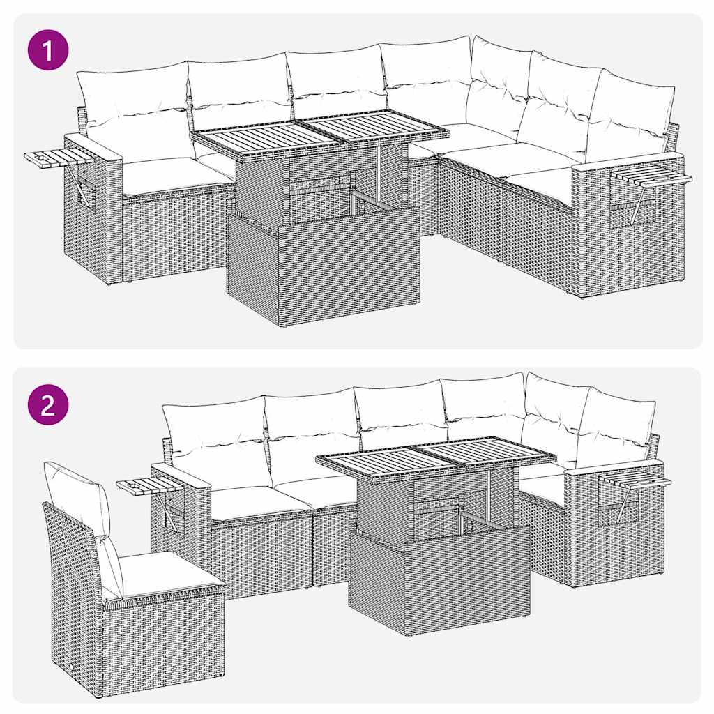 7 pcs conjunto sofás jardim c/ almofadões vime PE/acácia preto