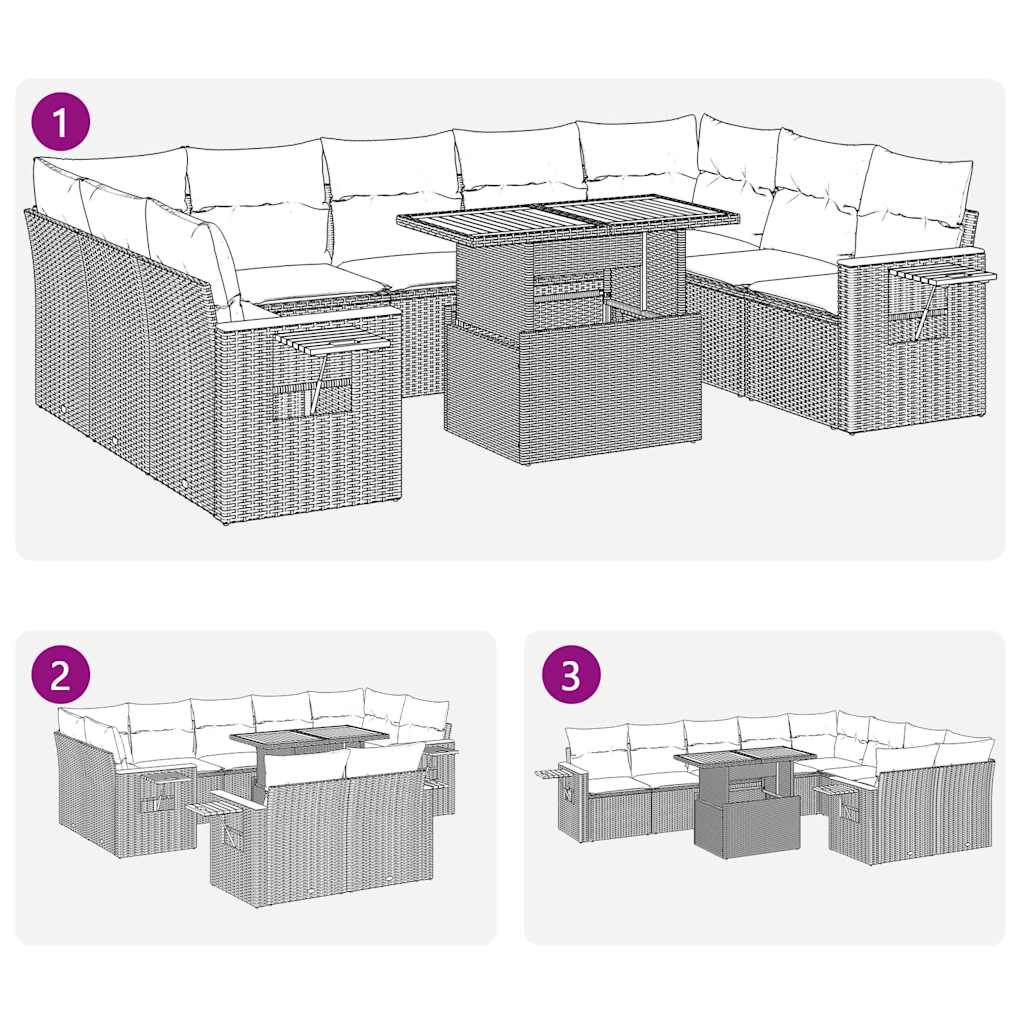 10 pcs conj. sofás p/ jardim c/ almofadões vime PE/acácia bege