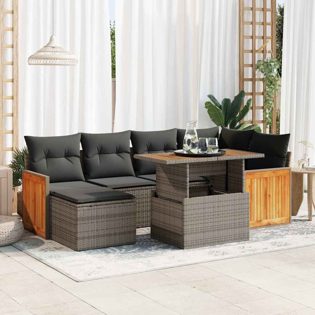 7 pcs conjunto sofás jardim almofadões vime PE/acácia cinzento