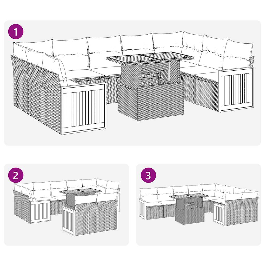 10 pcs conj. sofás p/ jardim c/ almofadões vime PE/acácia bege