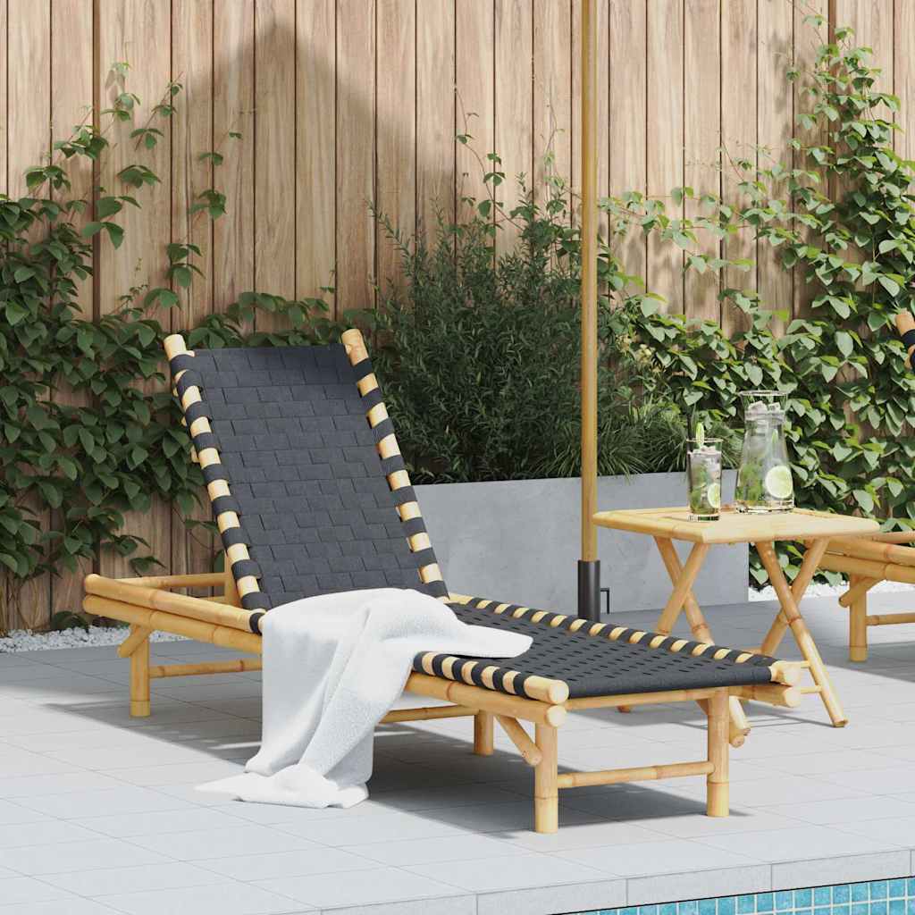 Espreguiçadeira com Tiras Pretas Entrelaçadas 55x200x30cm Bambu