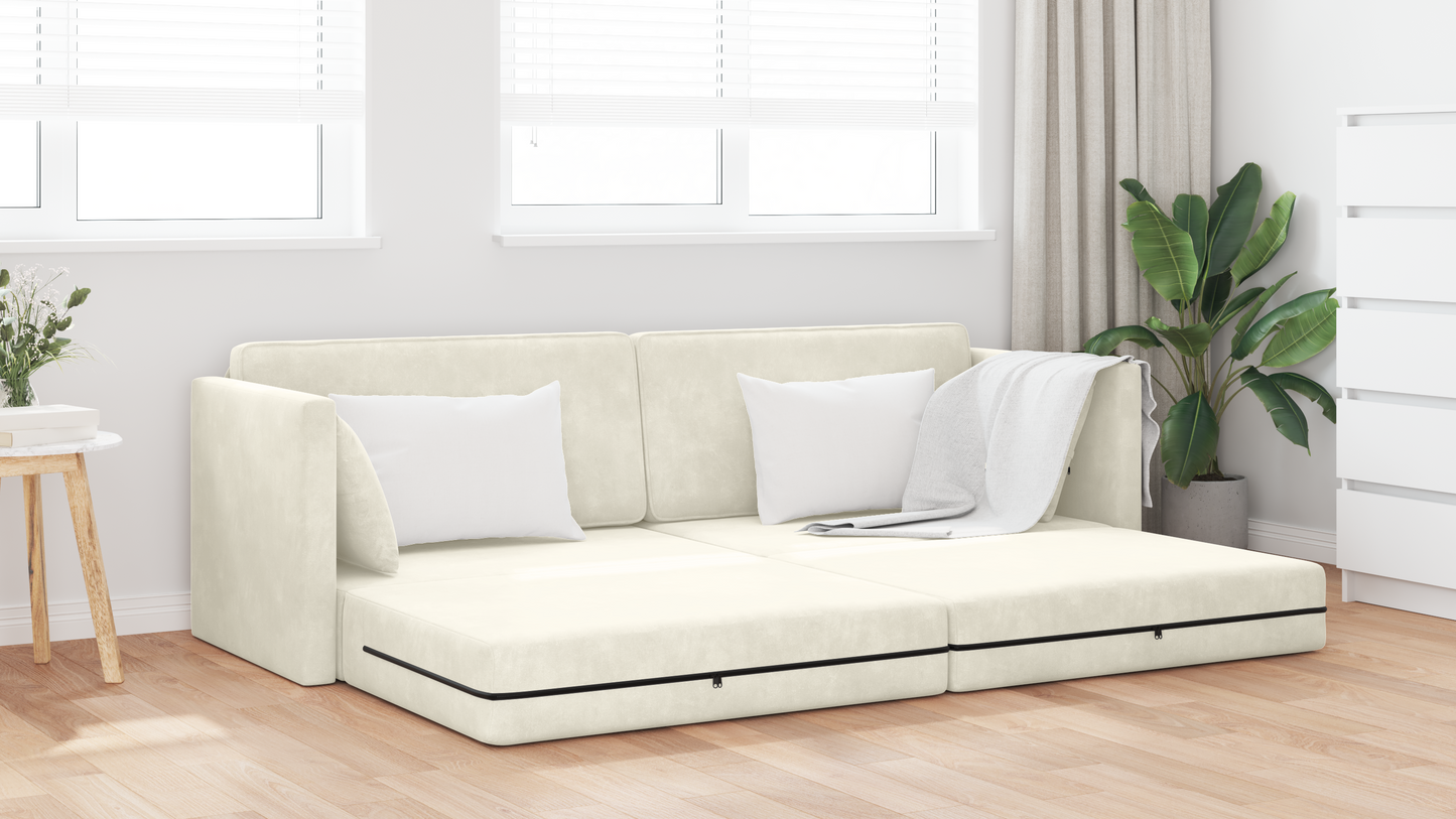 Sofá Cama de Chão 2 em 1 Creme 213x144x60 cm Veludo