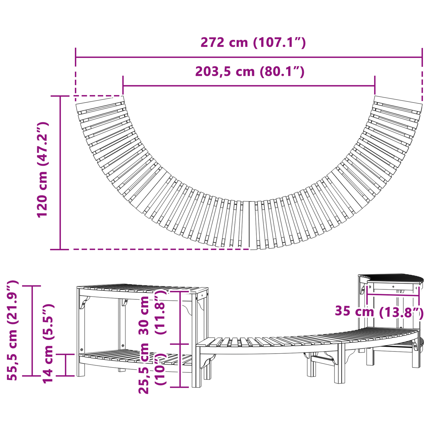 Surround para Hidromassagem Semicircular 272x120.5x55.5 cm Madeira Sólida de Acácia