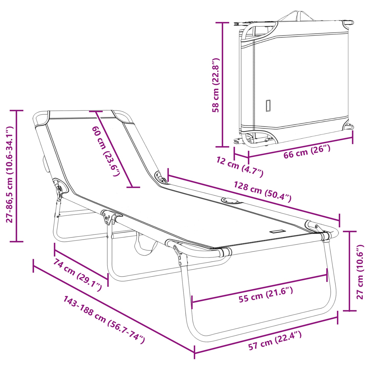 Espreguiçadeira Dobrável 2 pcs Portátil Preta 600D Tecido Oxford