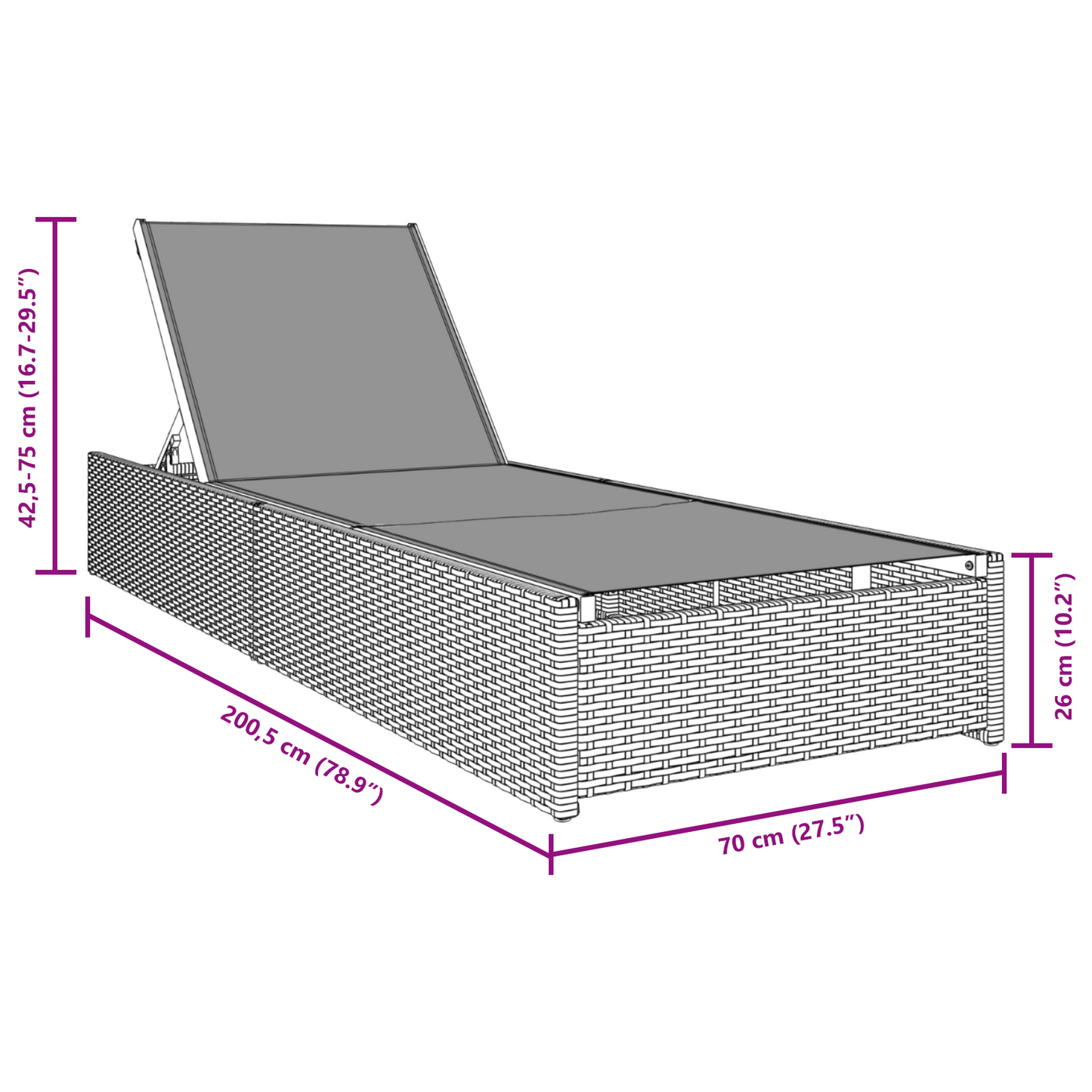 Espreguiçadeira Preta 60x200x27 cm Rattan Sintético