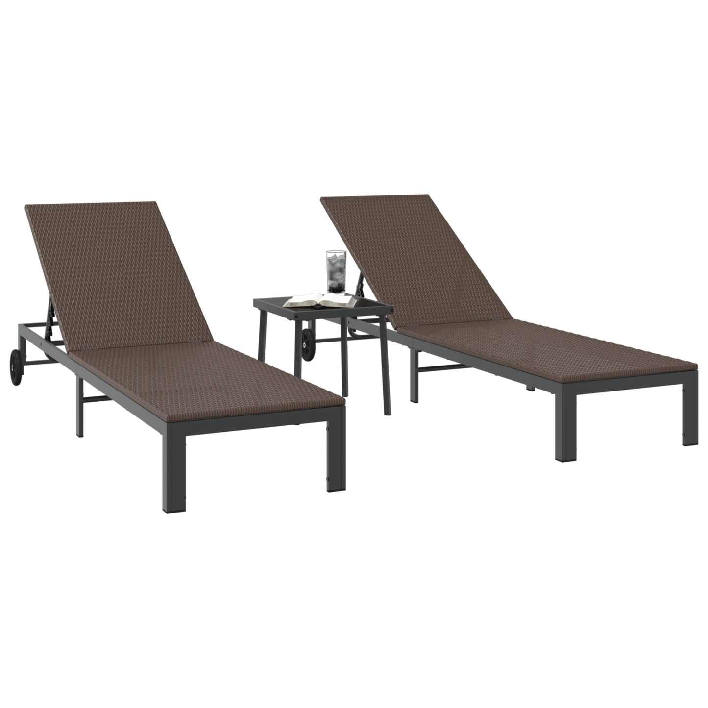 Conjuntos de espreguiçadeiras 2 pcs com rodas e mesa em rattan sintético castanho