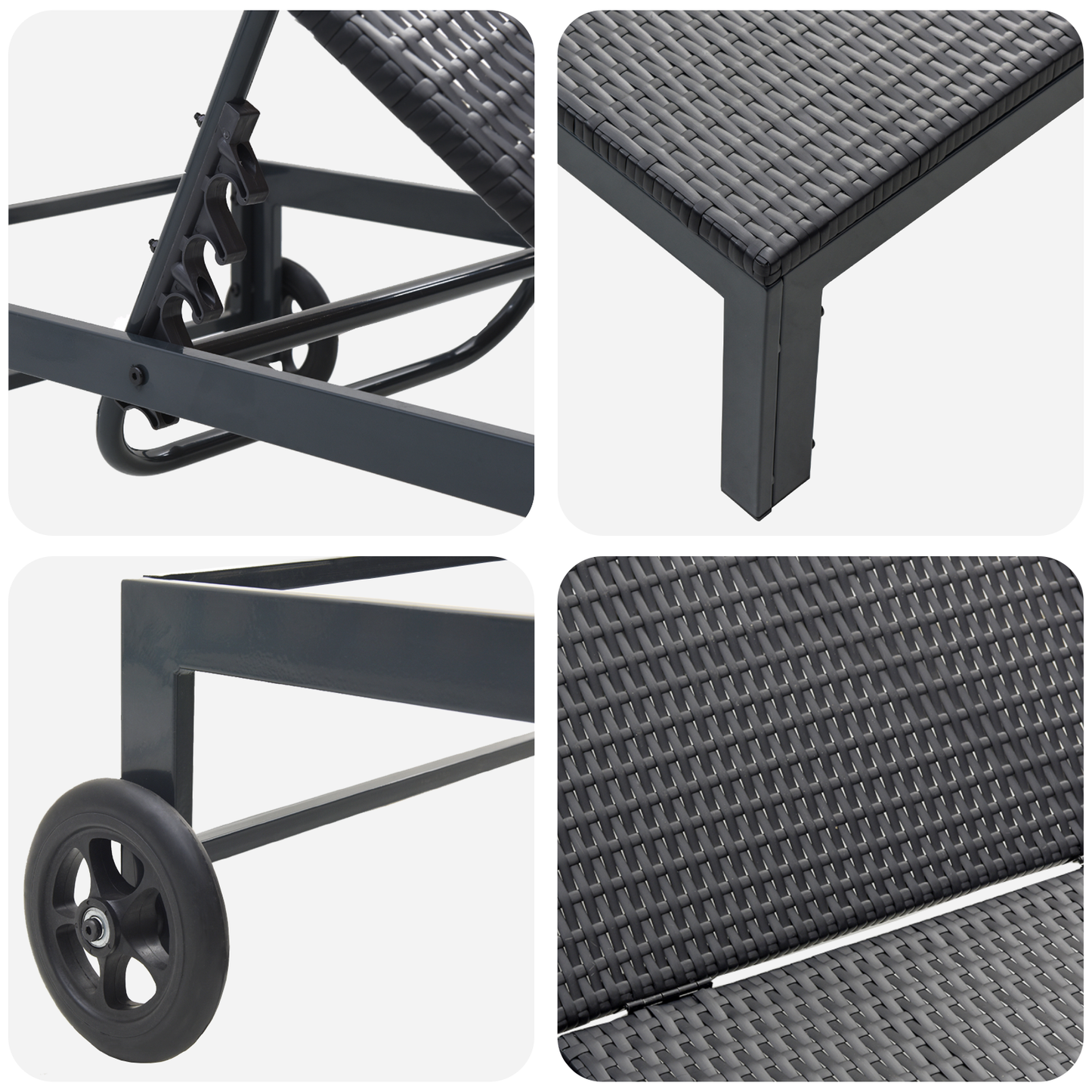 Espreguiçadeiras 2 pcs com Rodas e Mesa em Rattan Preto