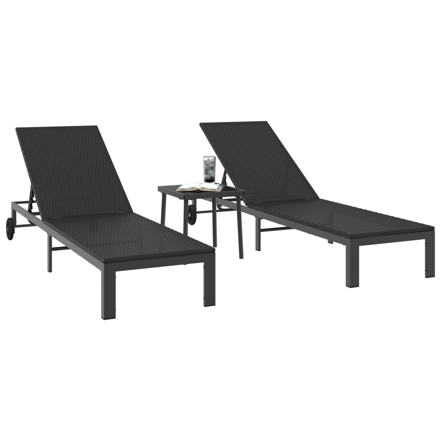 Espreguiçadeiras 2 pcs com Rodas e Mesa em Rattan Preto