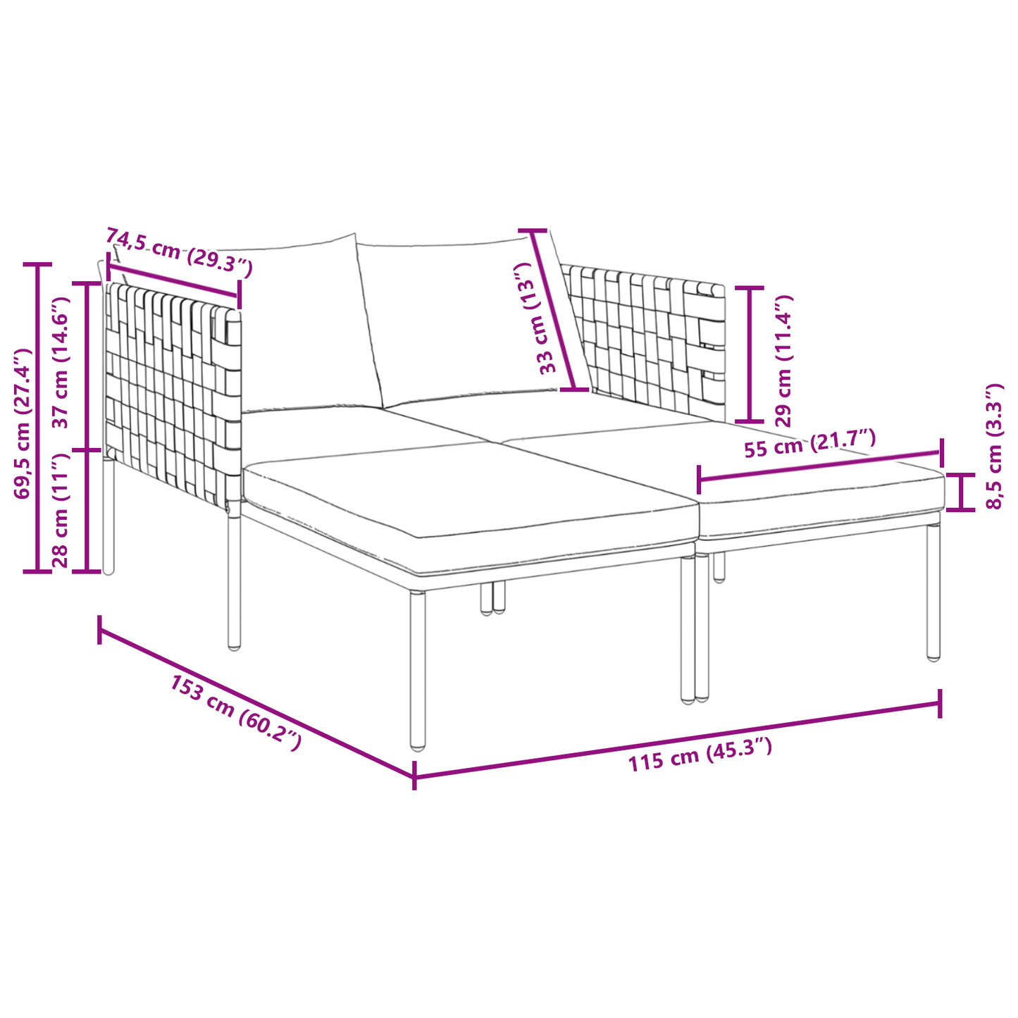 Espreguiçadeira com Almofadas para 2 Pessoas Antracite 115x153x69,5 cm Aço