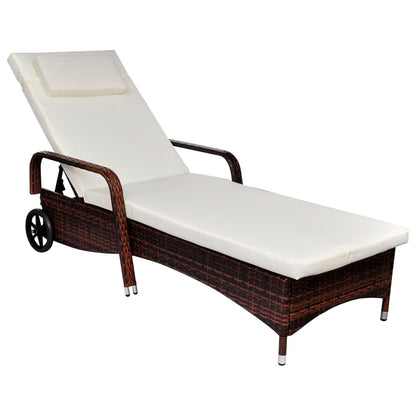 Sun lounger with cushion and wheels in brown PE wicker