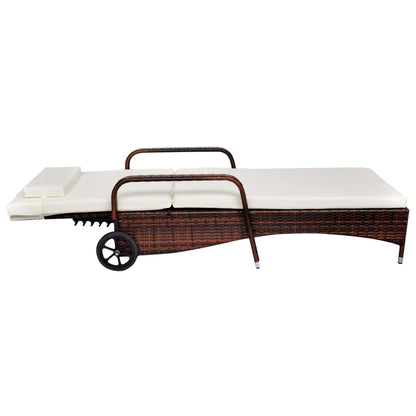 Sun lounger with cushion and wheels in brown PE wicker