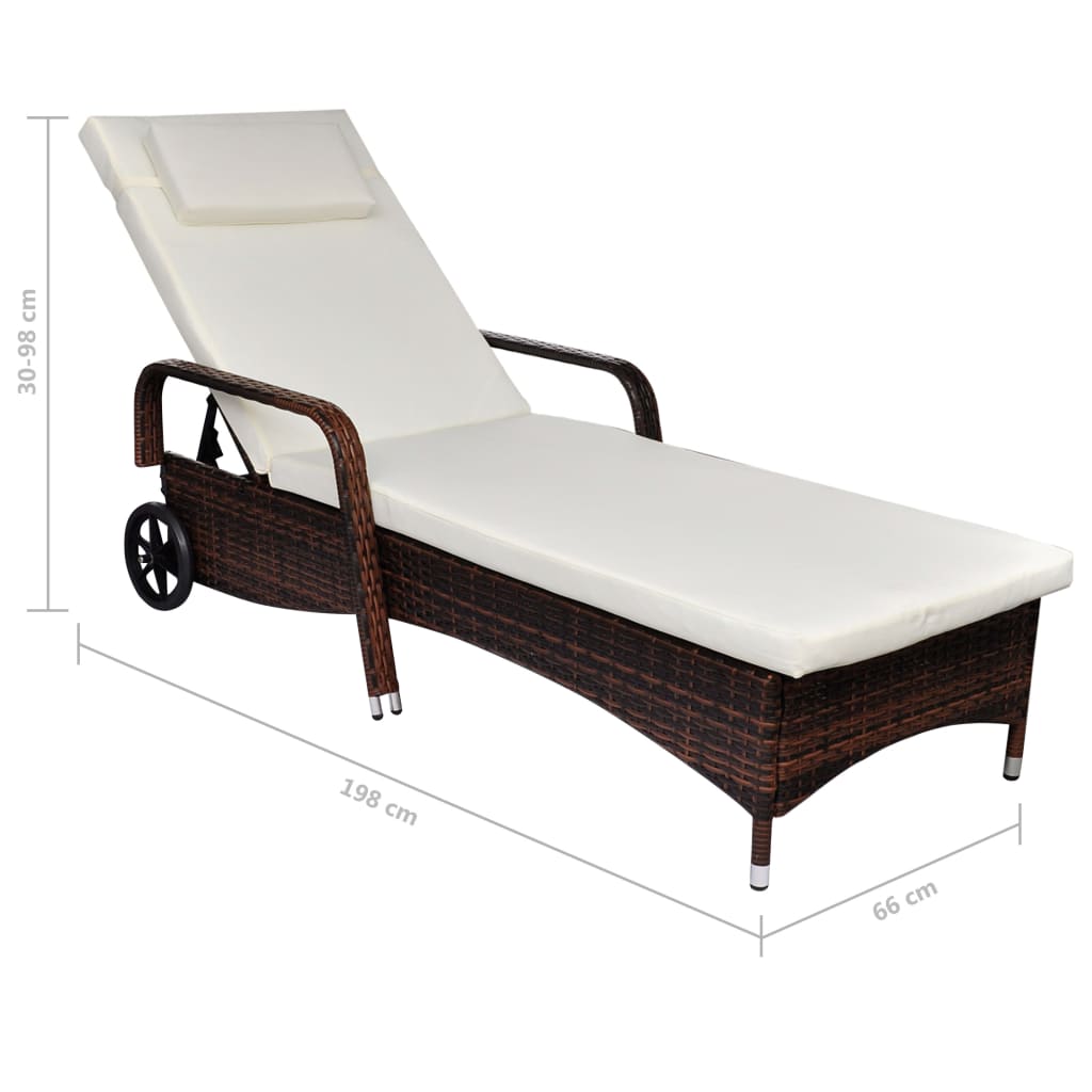 Sun lounger with cushion and wheels in brown PE wicker