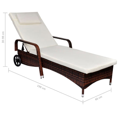 Sun lounger with cushion and wheels in brown PE wicker