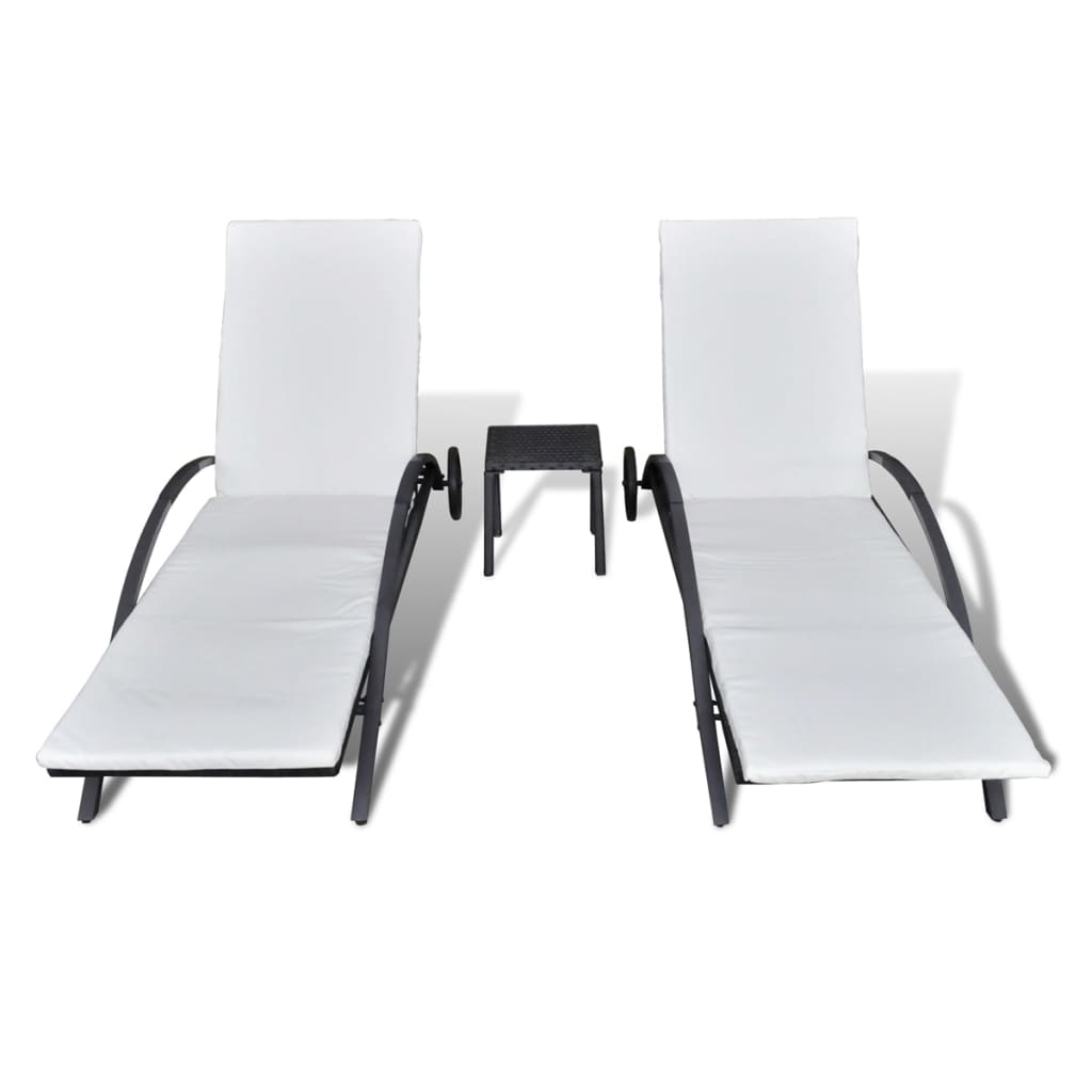 Sun loungers with table in black PE wicker