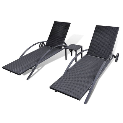Sun loungers with table in black PE wicker