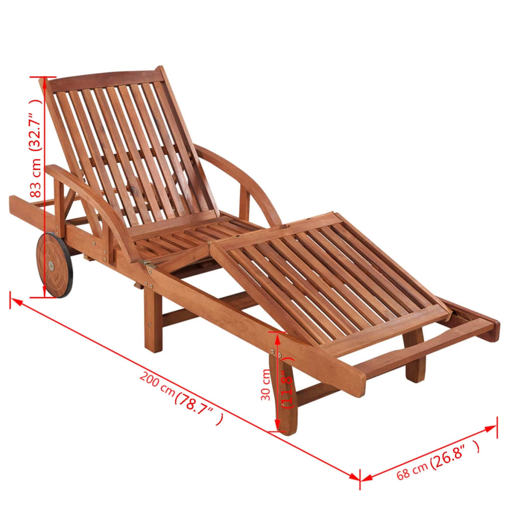 Sun lounger with table in solid acacia wood