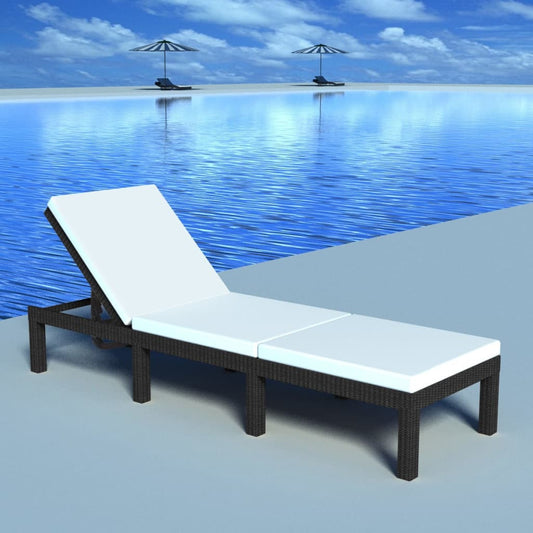 Sun lounger with cushion in black PE wicker
