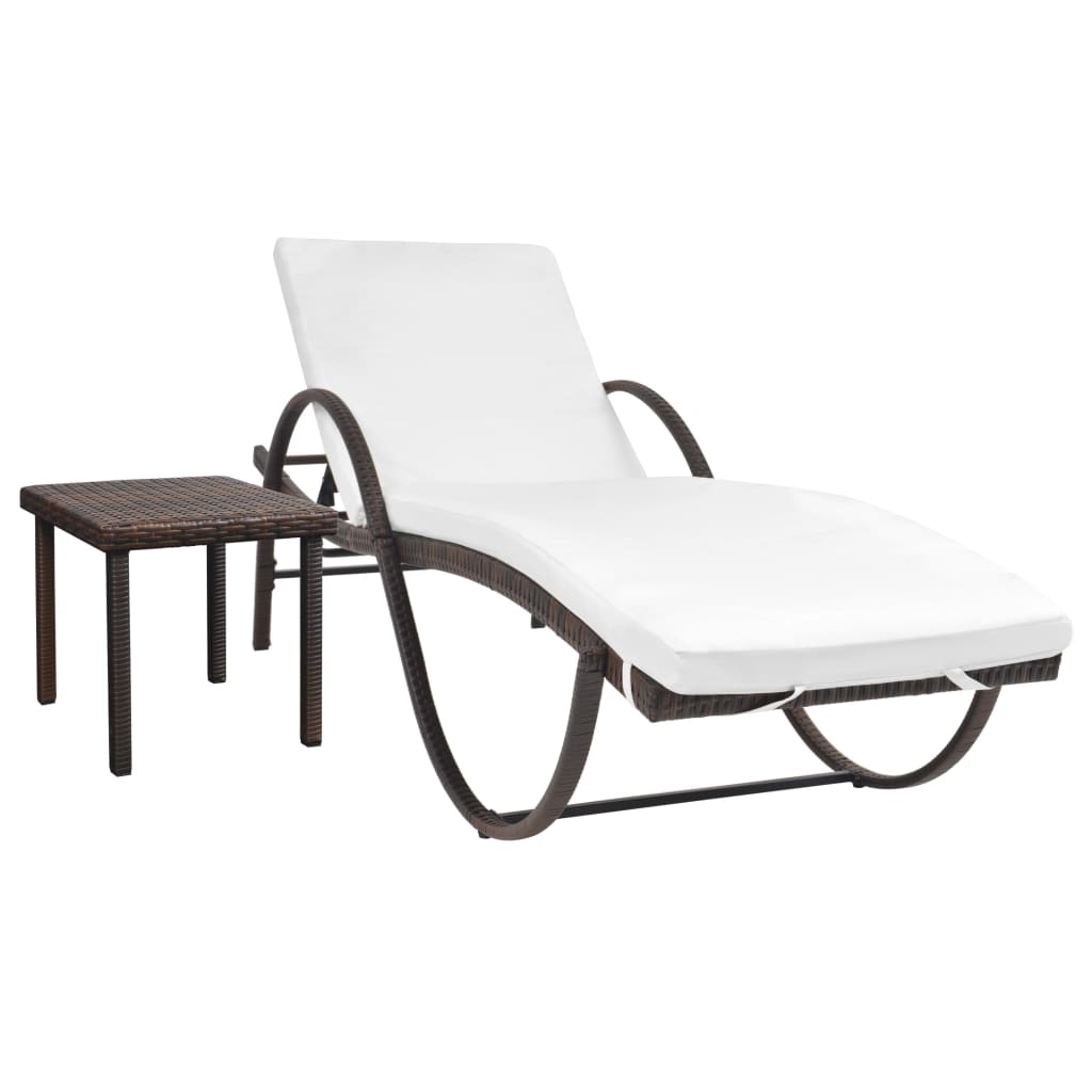 Sun lounger with cushion and table in brown PE wicker