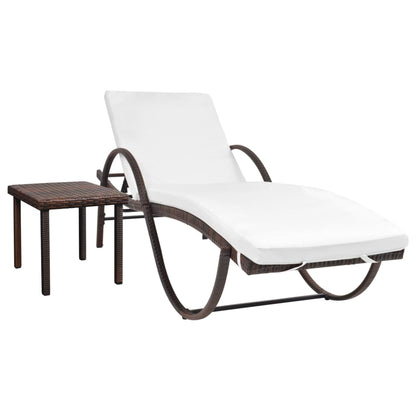 Sun lounger with cushion and table in brown PE wicker