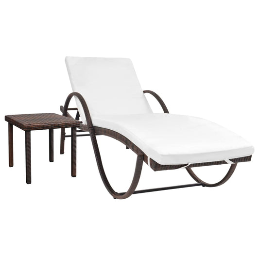 Sun lounger with cushion and table in brown PE wicker
