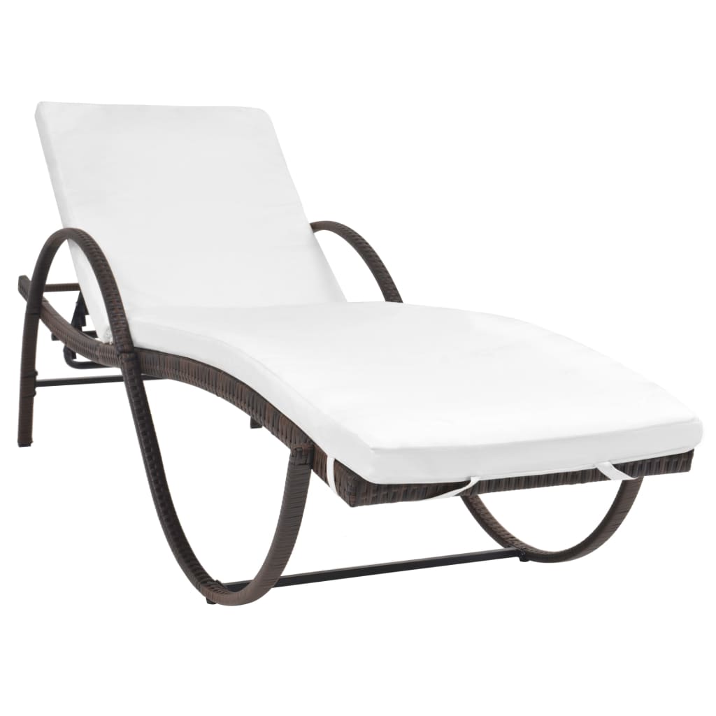 Sun lounger with cushion and table in brown PE wicker