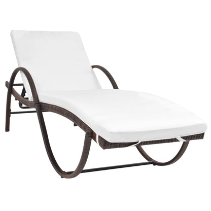 Sun lounger with cushion and table in brown PE wicker