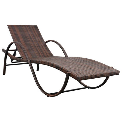 Sun lounger with cushion and table in brown PE wicker