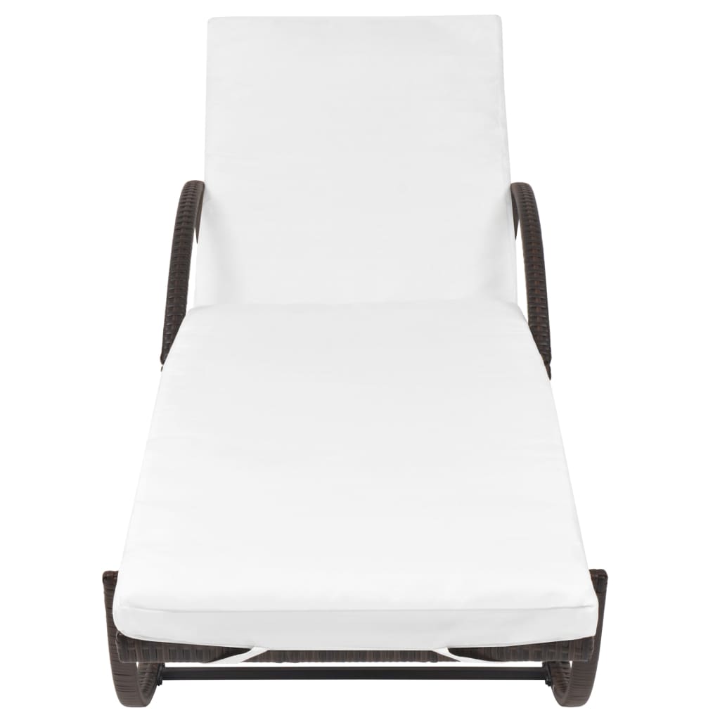 Sun lounger with cushion and table in brown PE wicker
