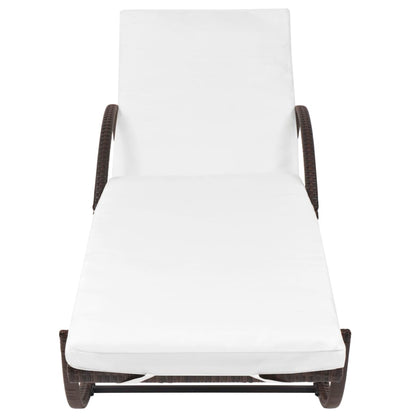 Sun lounger with cushion and table in brown PE wicker