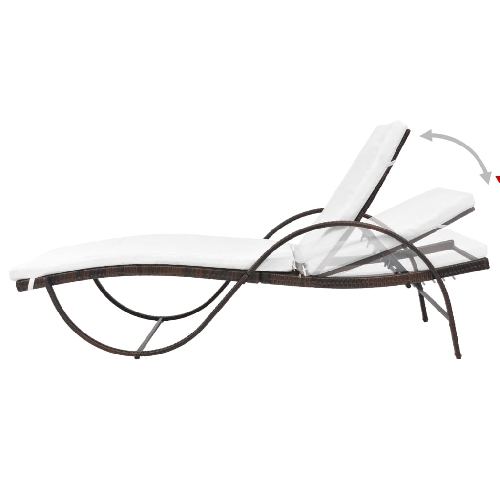 Sun lounger with cushion and table in brown PE wicker
