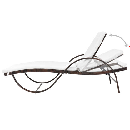 Sun lounger with cushion and table in brown PE wicker