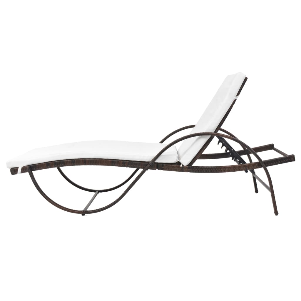 Sun lounger with cushion and table in brown PE wicker