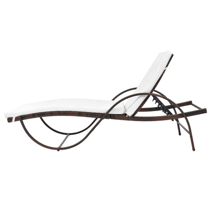 Sun lounger with cushion and table in brown PE wicker