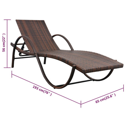 Sun lounger with cushion and table in brown PE wicker