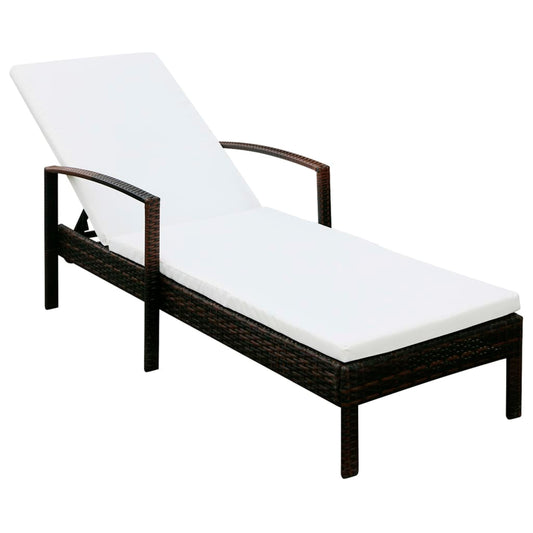Sun lounger with cushion in brown PE wicker