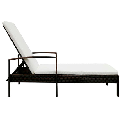 Sun lounger with cushion in brown PE wicker