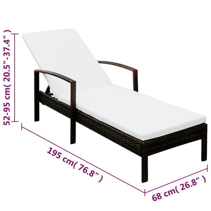 Sun lounger with cushion in brown PE wicker