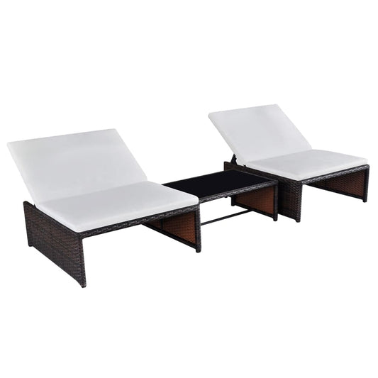 2 pcs reclining garden chairs with table in brown poly rattan