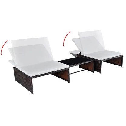 Cadeiras jardim reclináveis 2 pcs c/ mesa vime PE castanho