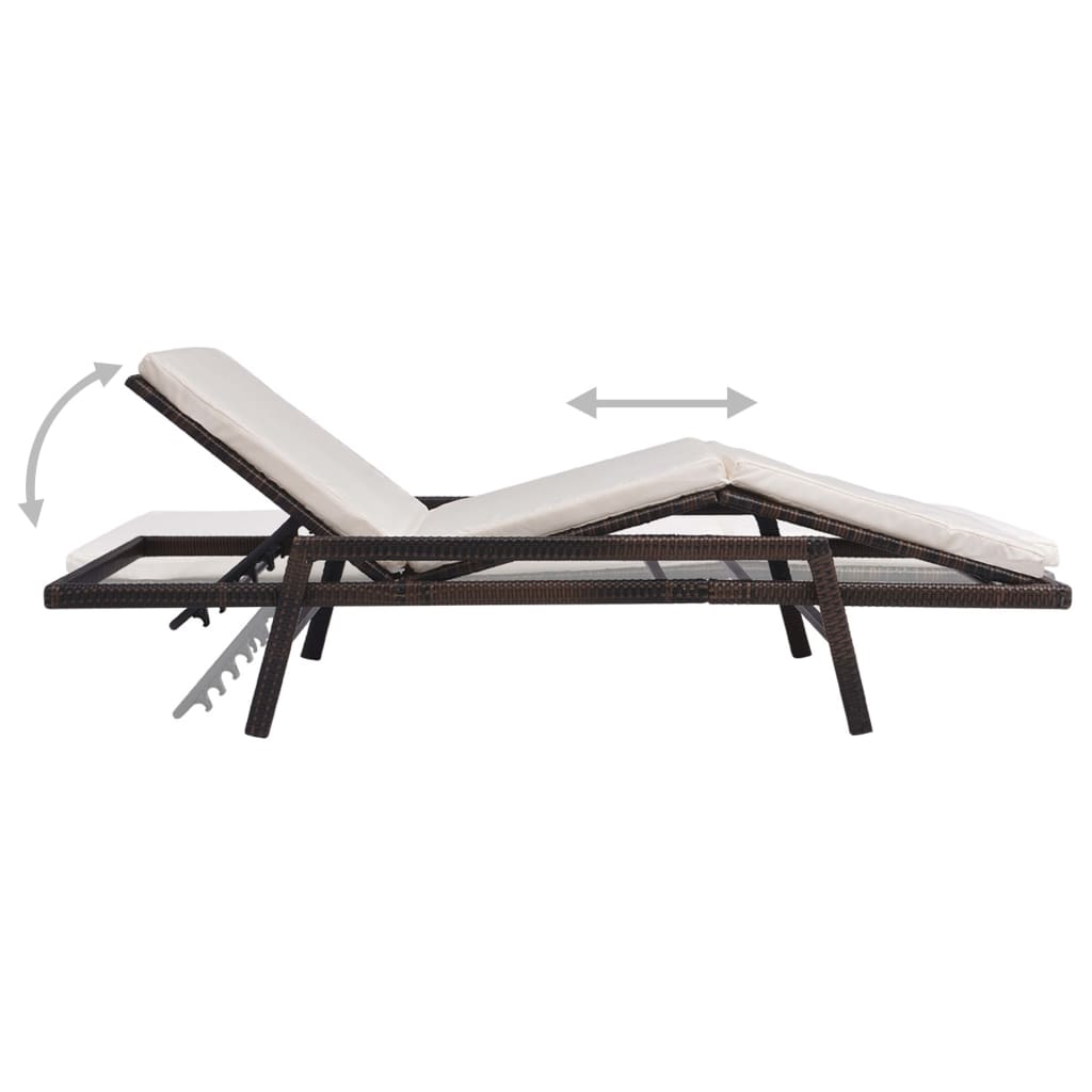 Sun lounger with cushion in brown PE wicker
