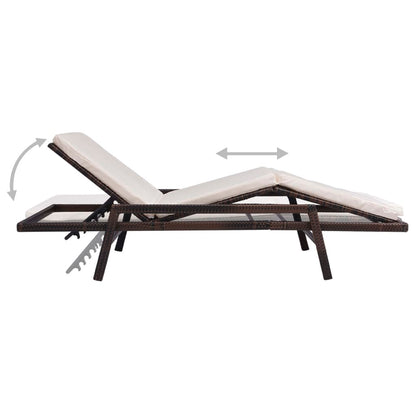 Sun lounger with cushion in brown PE wicker