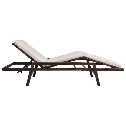 Sun lounger with cushion in brown PE wicker