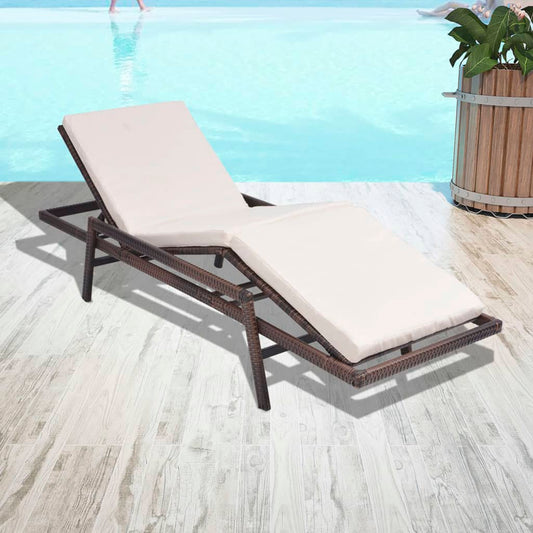 Sun lounger with cushion in brown PE wicker