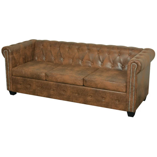 Sofá Chesterfield 3 lugares couro artificial castanho