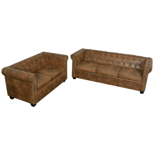 Conjunto de sofás de 2 + 3 lugares, Chesterfield, castanho